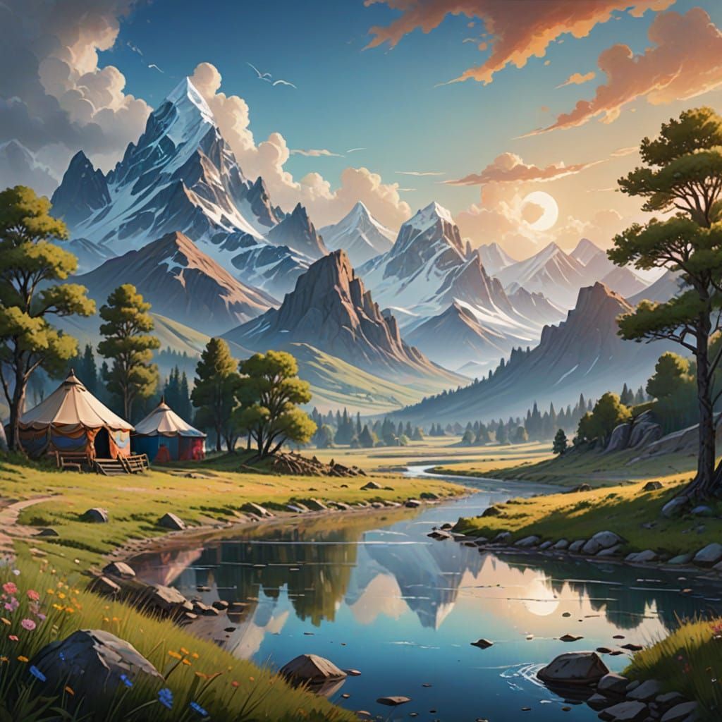 Majestic Steppe Landscape in Whimsical Style