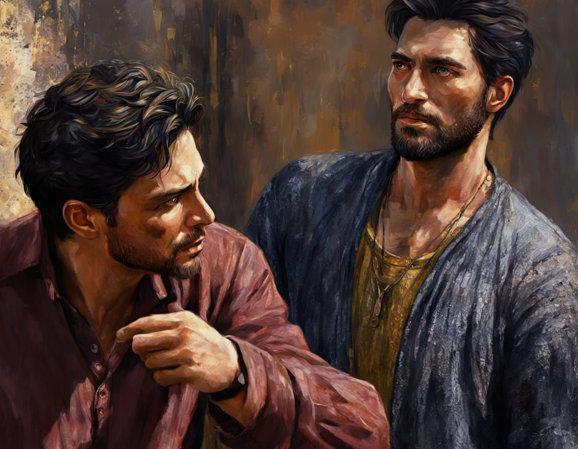 Two Men in Vibrant Oil Painting with Expressive Brushstrokes