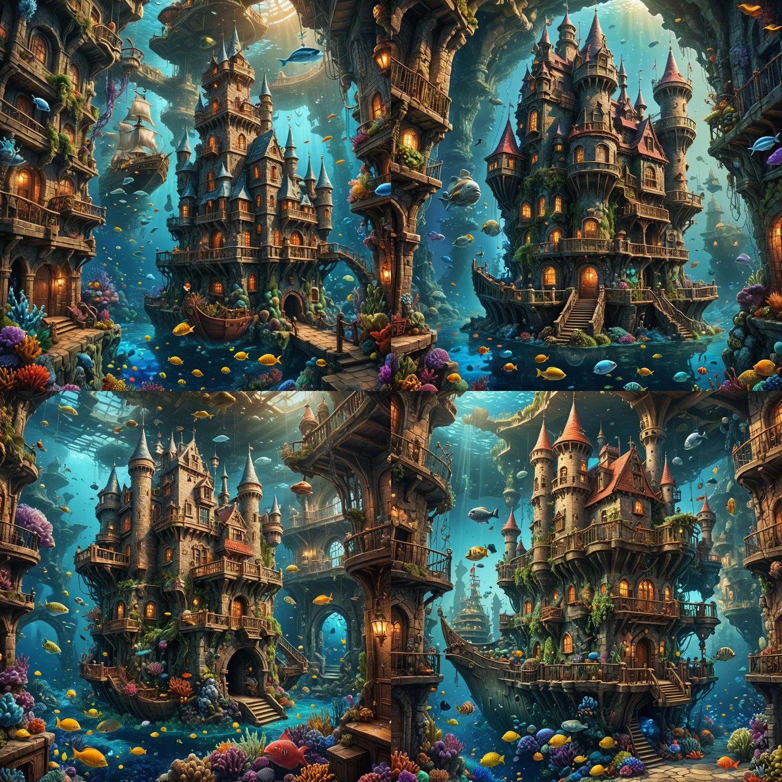 Underwater Castle and Ships in Hyperrealistic Style