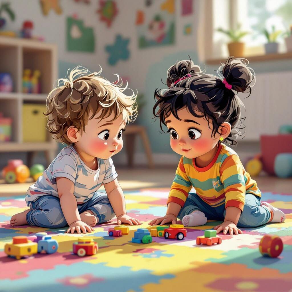 Toddlers Playing: Sketch and 3D Cartoon Style