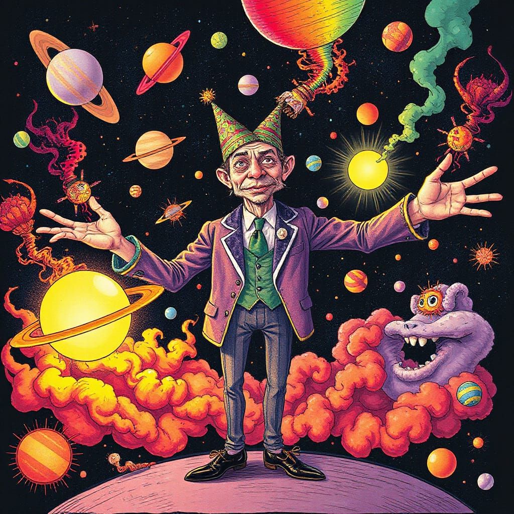 Juggler Tossing Planets in Surreal Hand-Drawn Style