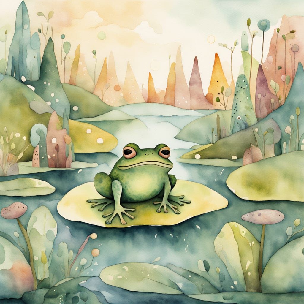 Surprised Frog in Surreal Watercolor Landscape