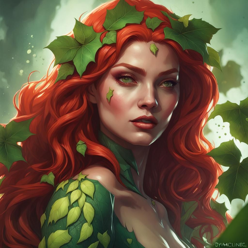 Detailed Portrait of Poison Ivy in Art Nouveau Style