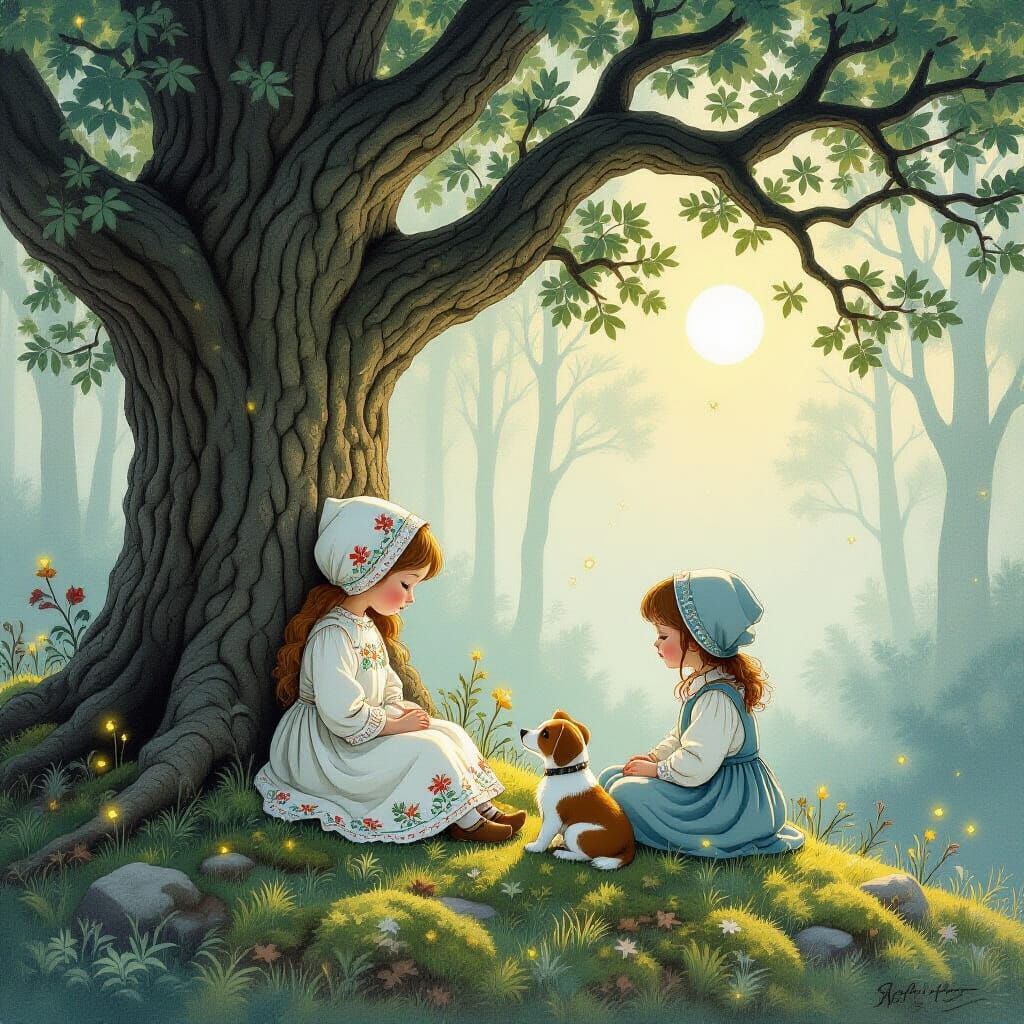Child and Dog Under Ancient Oak in Ethereal Forest