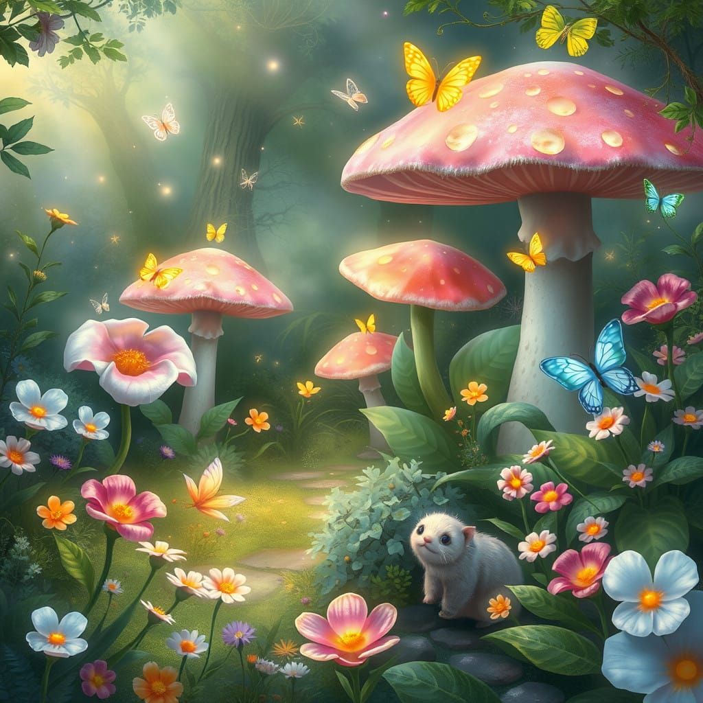 Whimsical Garden Scene with Iridescent Blooms and Gentle Cre...