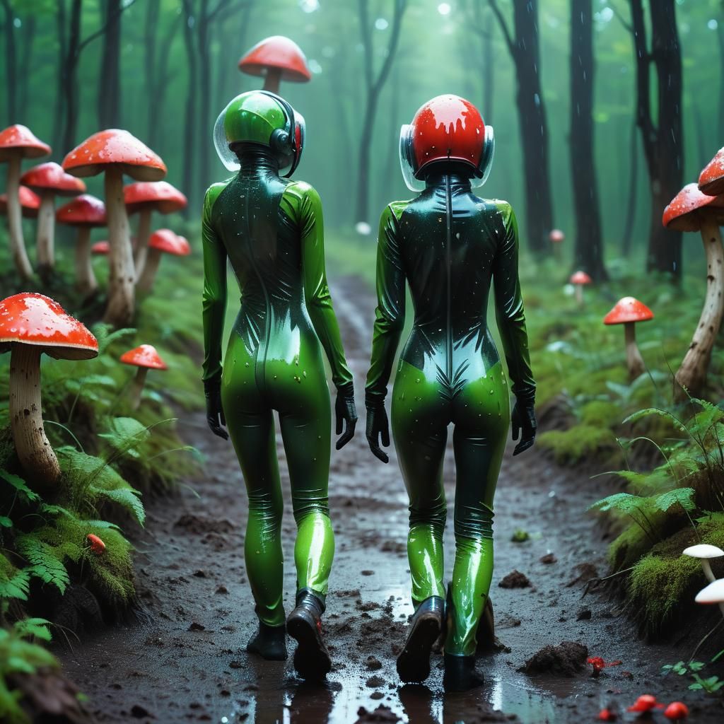 Woman in Green Latex Suit in Bioluminescent Forest