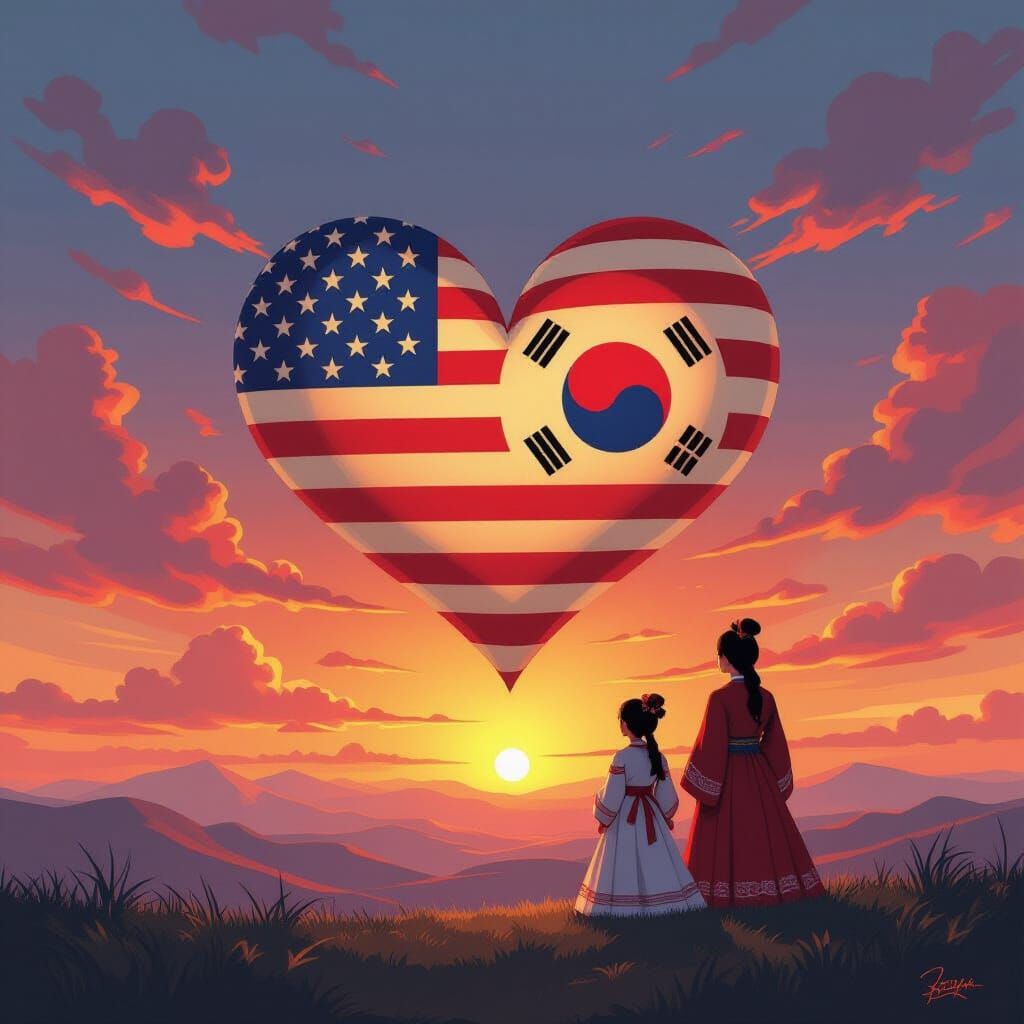 US & Korean Flags Form Heart at Sunrise with Princesses