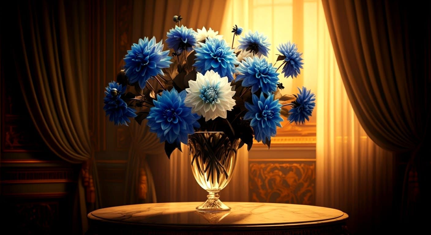 Vibrant Blue and White Dahlias in Detailed Matte Painting