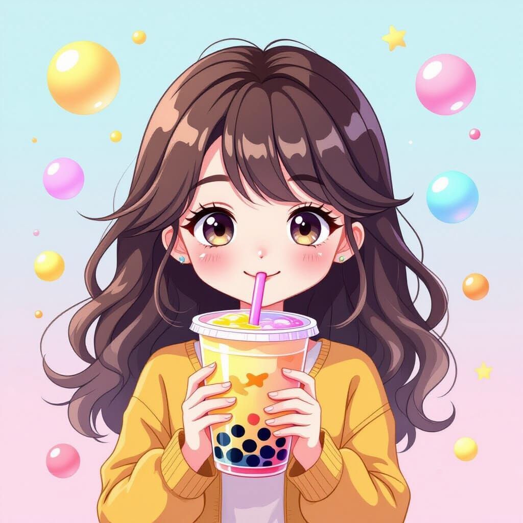 Cartoon Girl Enjoys Bubble Tea Amidst Pastel Colors