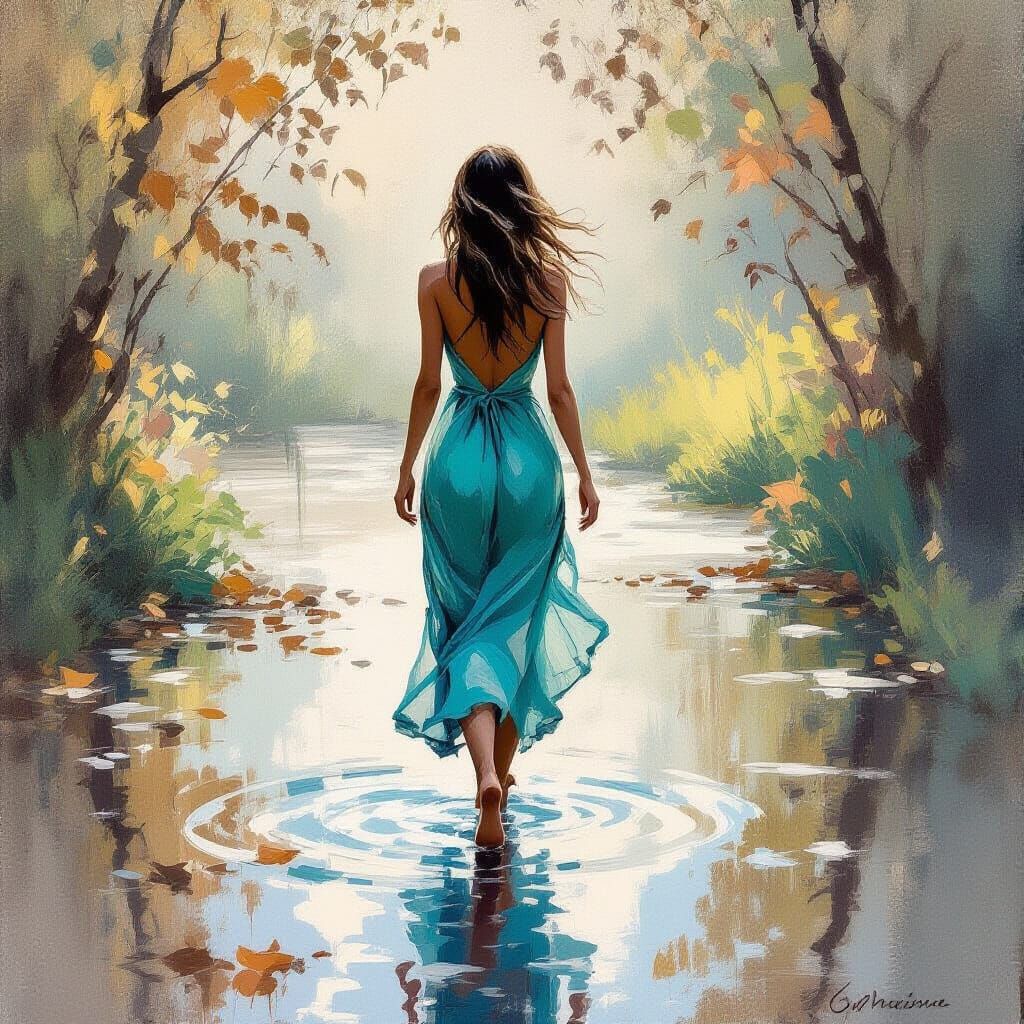 Barefoot Woman in Turquoise Dress: Impressionist Style