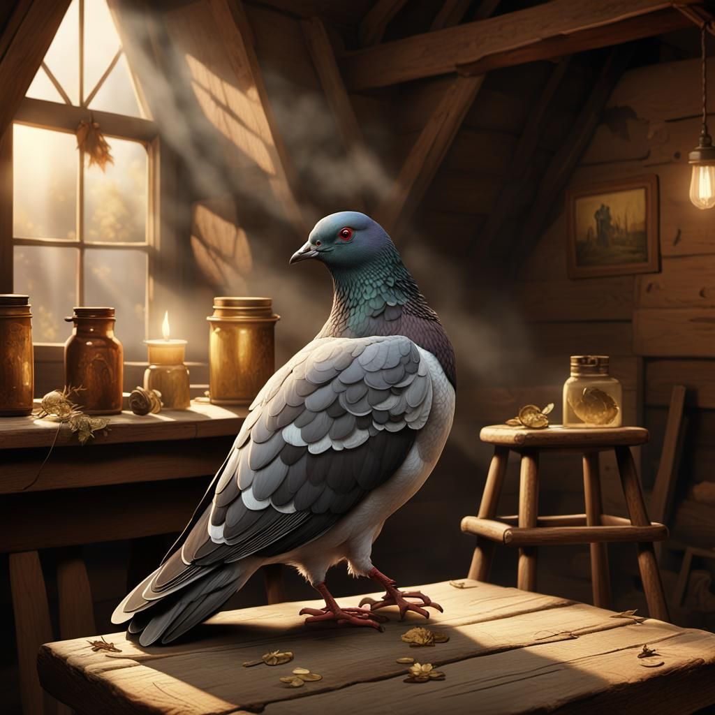 Whimsical Pigeon in Vintage Attic Scene