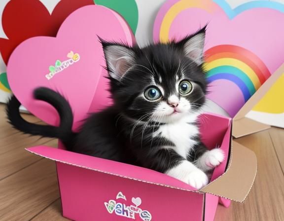 Fluffy Valentine Kittens Playing with Rainbow Box