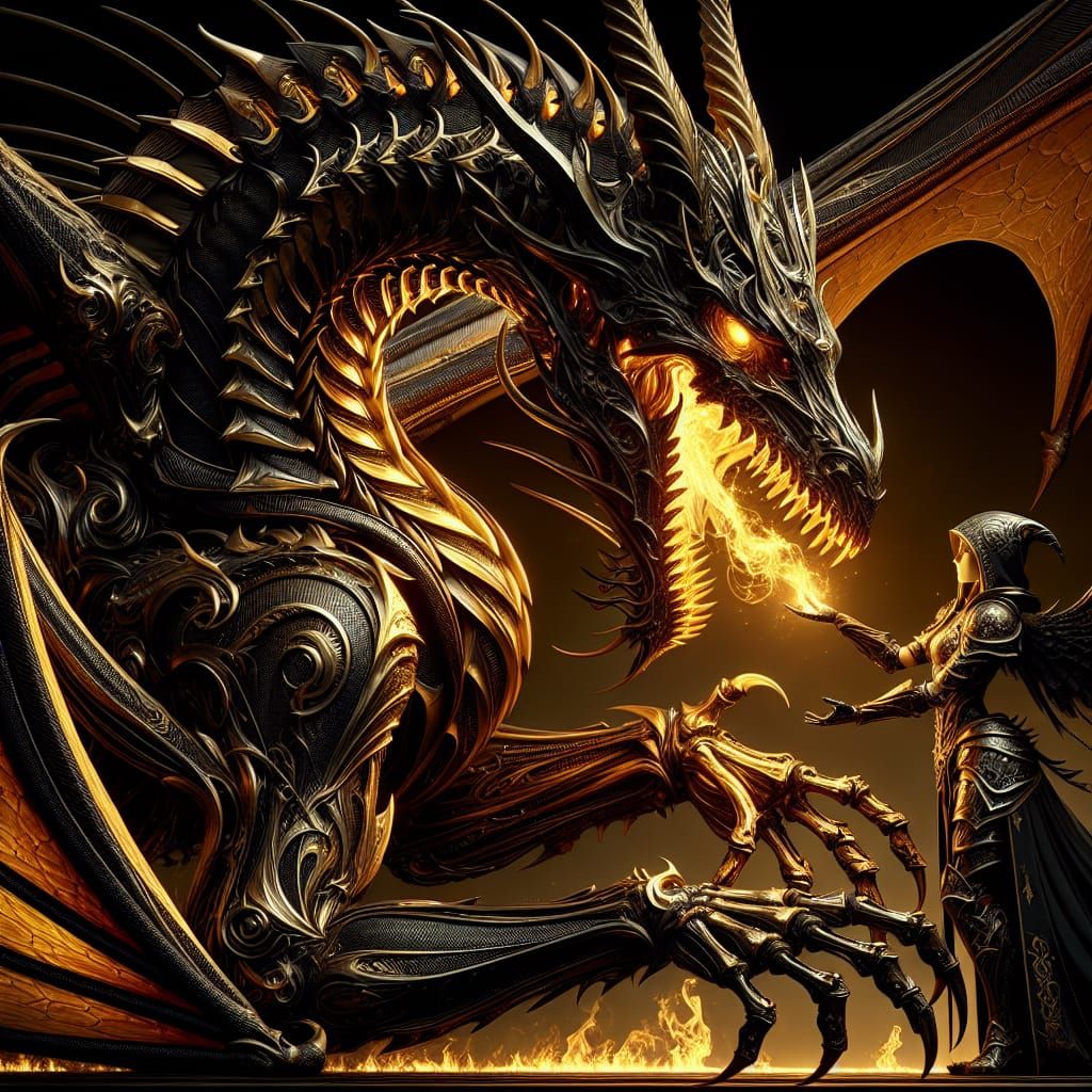 Fiery Dragon and Armored Maiden in Fantasy Art