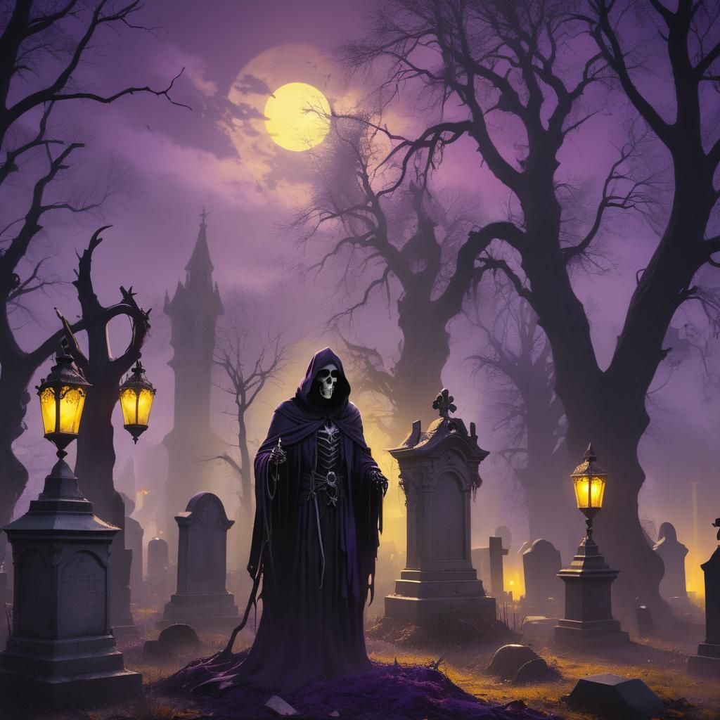 Grim Reaper in Haunted Cemetery, Fantasy Art
