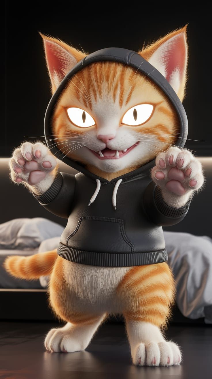 Anime Ginger Kitten in Hoodie with Glowing Eyes