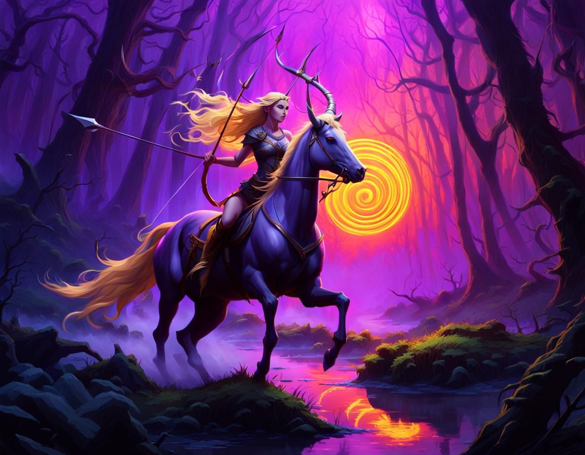 Female Centaur Archer in Misty Swamp Landscape