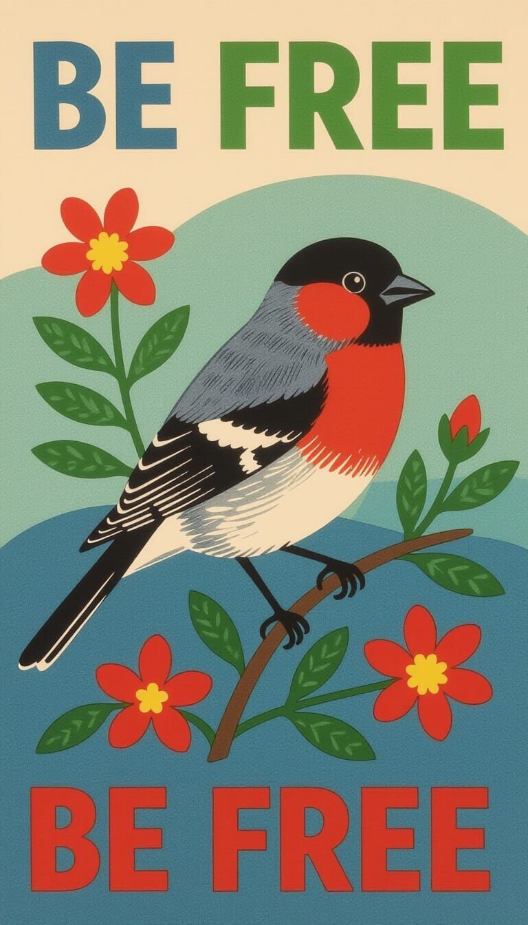 Bullfinch in Garden, Silkscreen Print, Typography Art