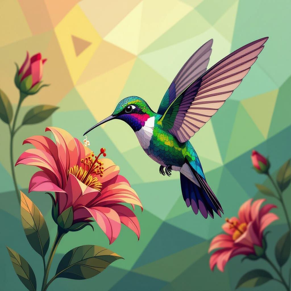 Geometric Hummingbird Sipping Nectar in Cubist Style