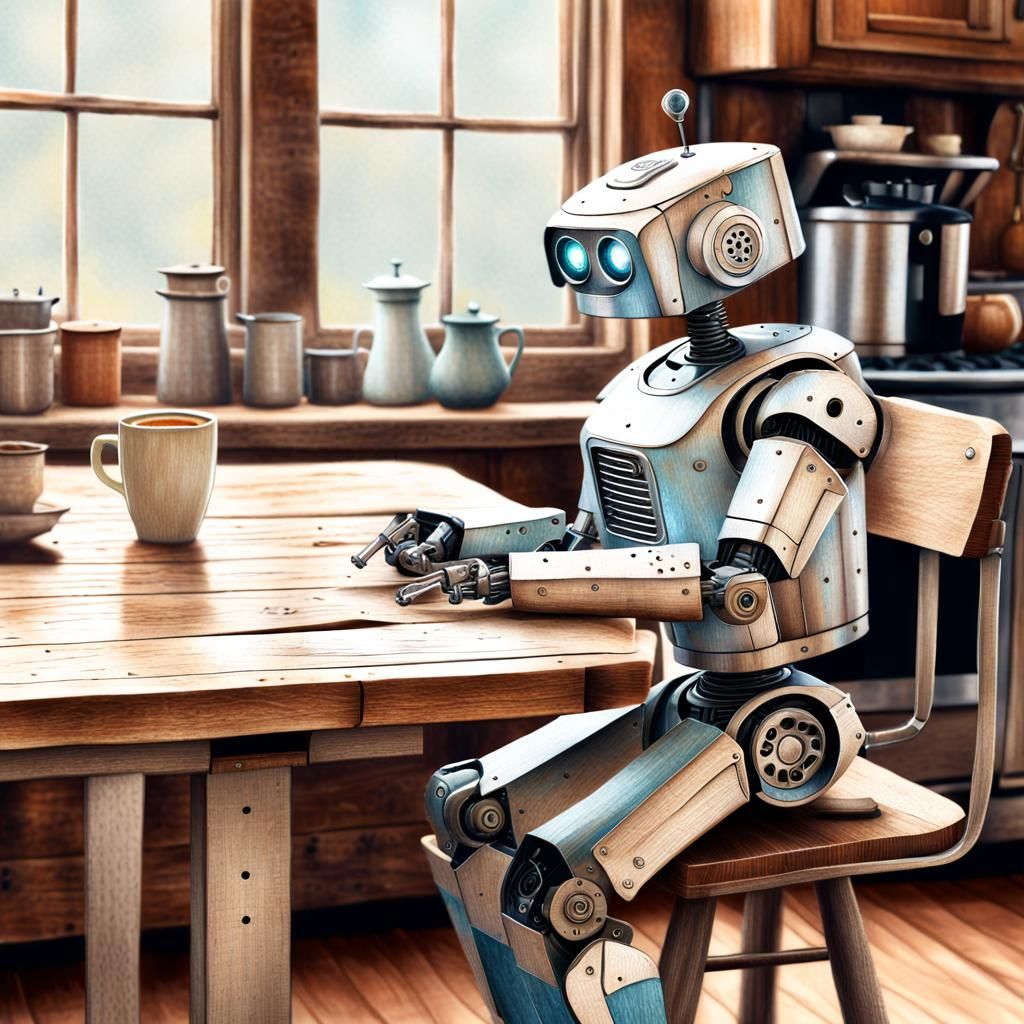Detailed Colored Pencil Drawing: Robot at Kitchen Table