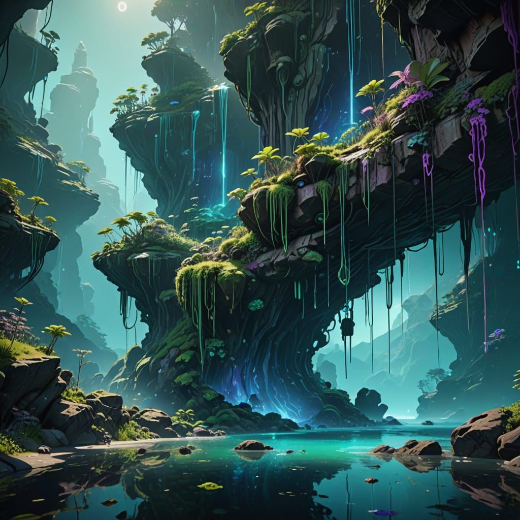 **„Magisches Farbenspiel: Leuchtende Pflanzen und schwebende Inseln über türkisblauem Wasser in mystischer Welt“**