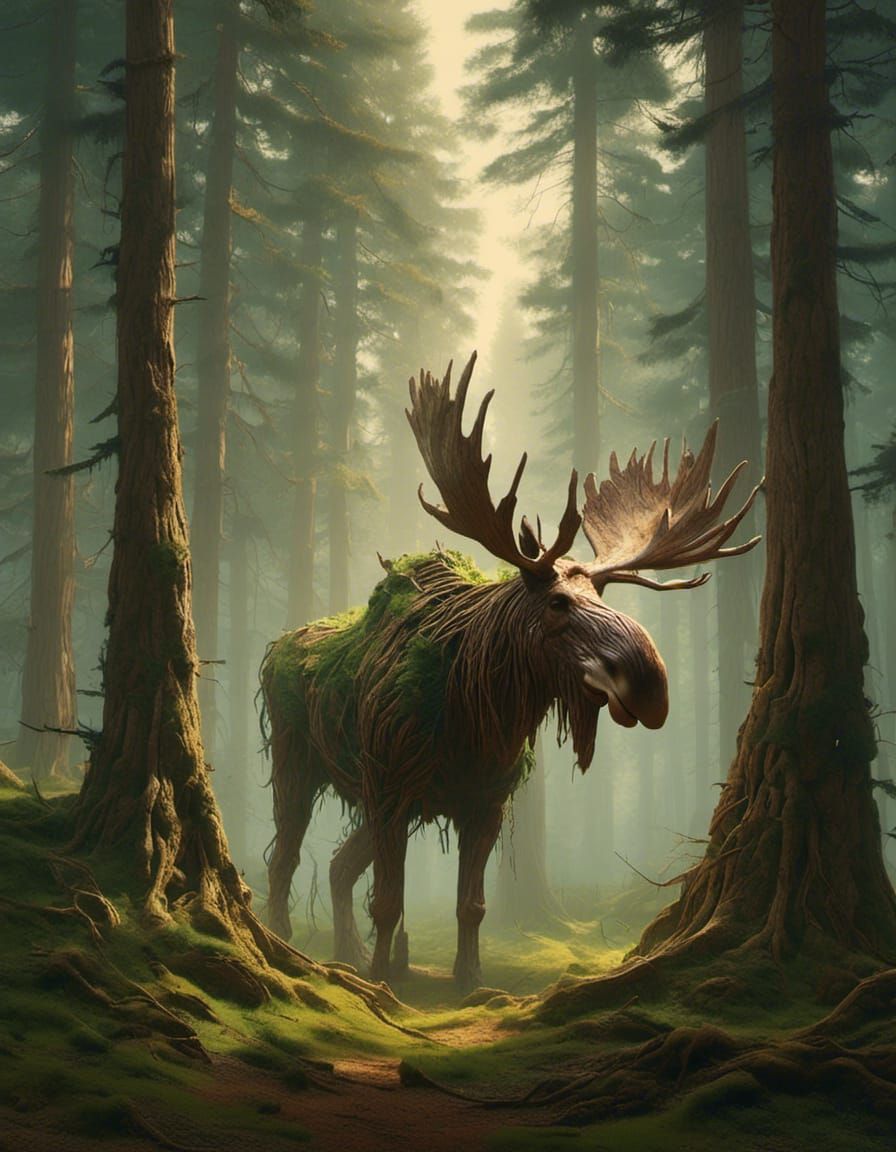 Giant Moose in Impressionist Forest Landscape