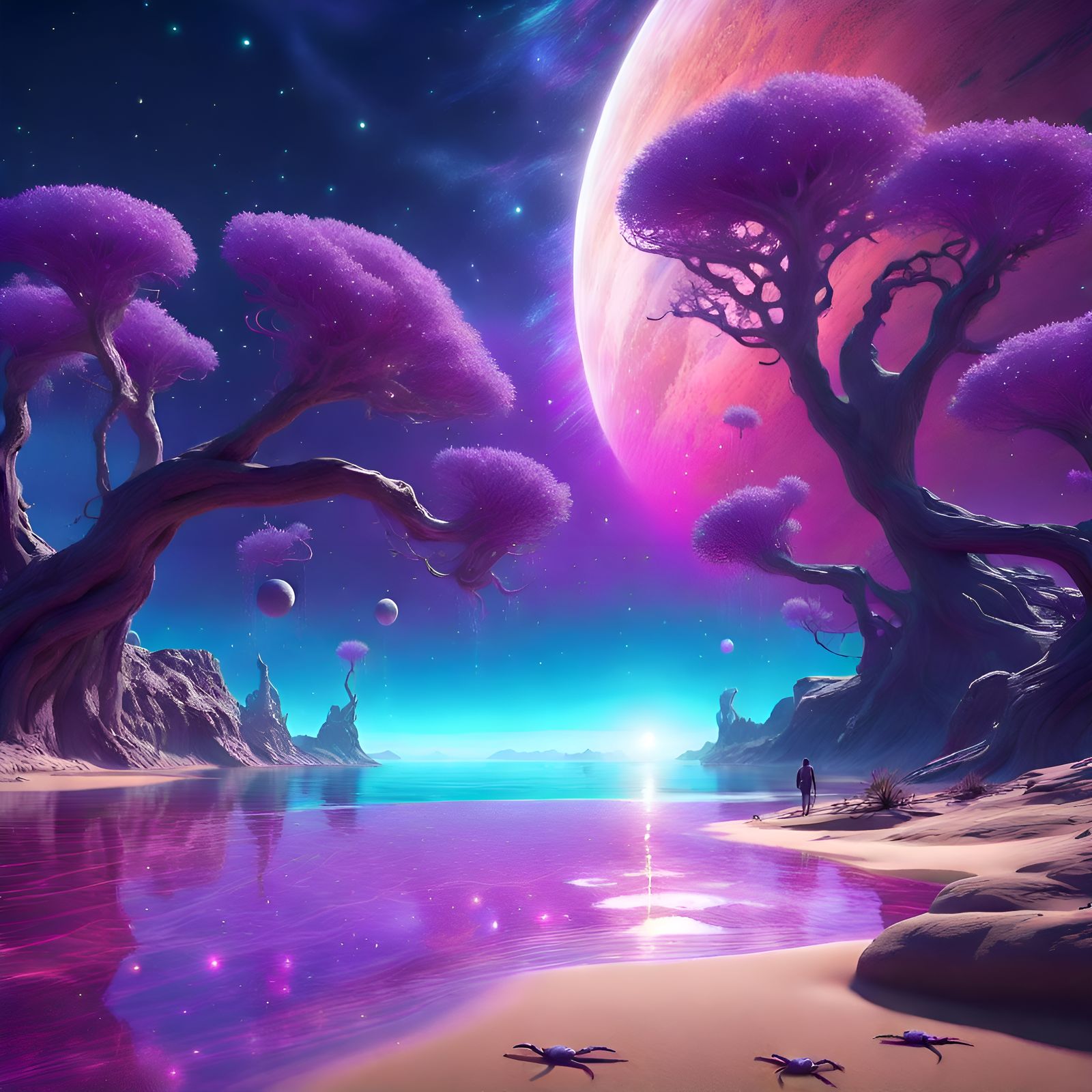 Alien Seashore with Sparkling Trees and Astronaut