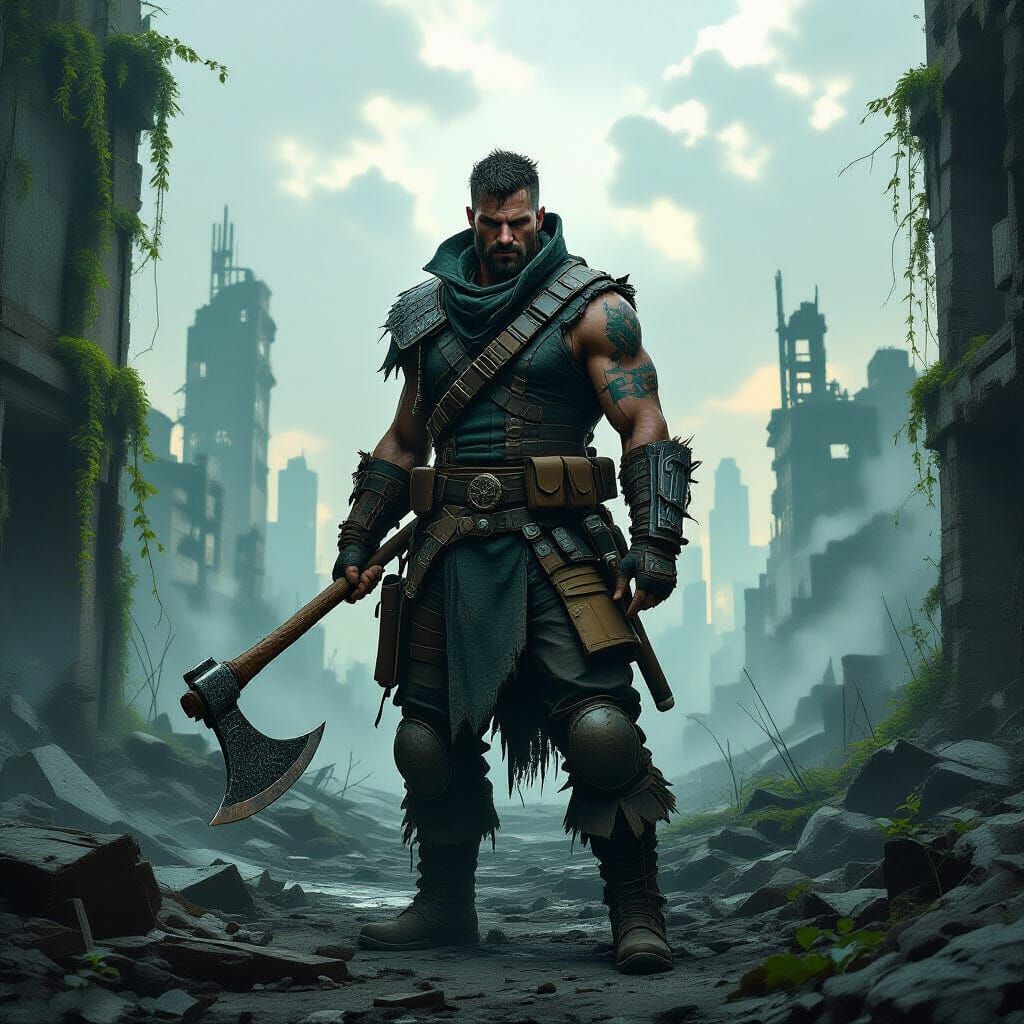Post-Apocalyptic Survivalist with Axe in Ruined City