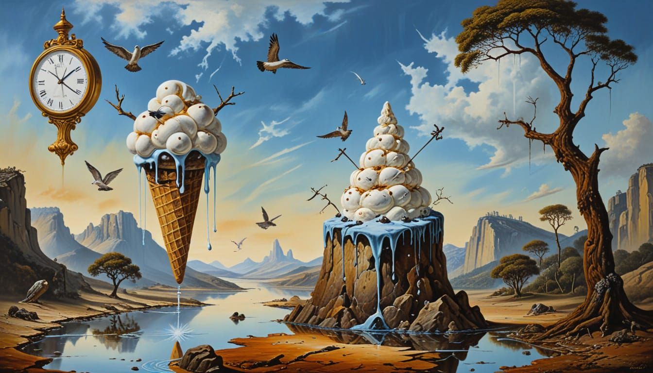 Surreal Oil Painting of Melting Landscape with Dali Llama