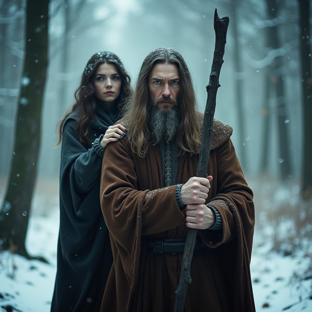 Celtic Druid in Winter Forest, Cinematic Style