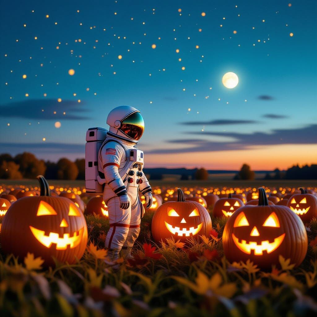 Astronaut in Retro Spacesuit Among Giant Glowing Pumpkins