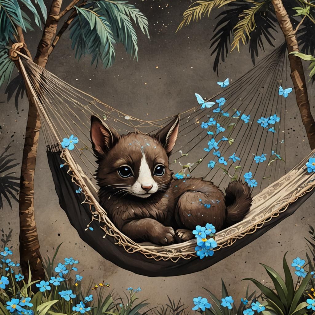 Adorable Mythical Animal in Hammock, Mixed Media Collage