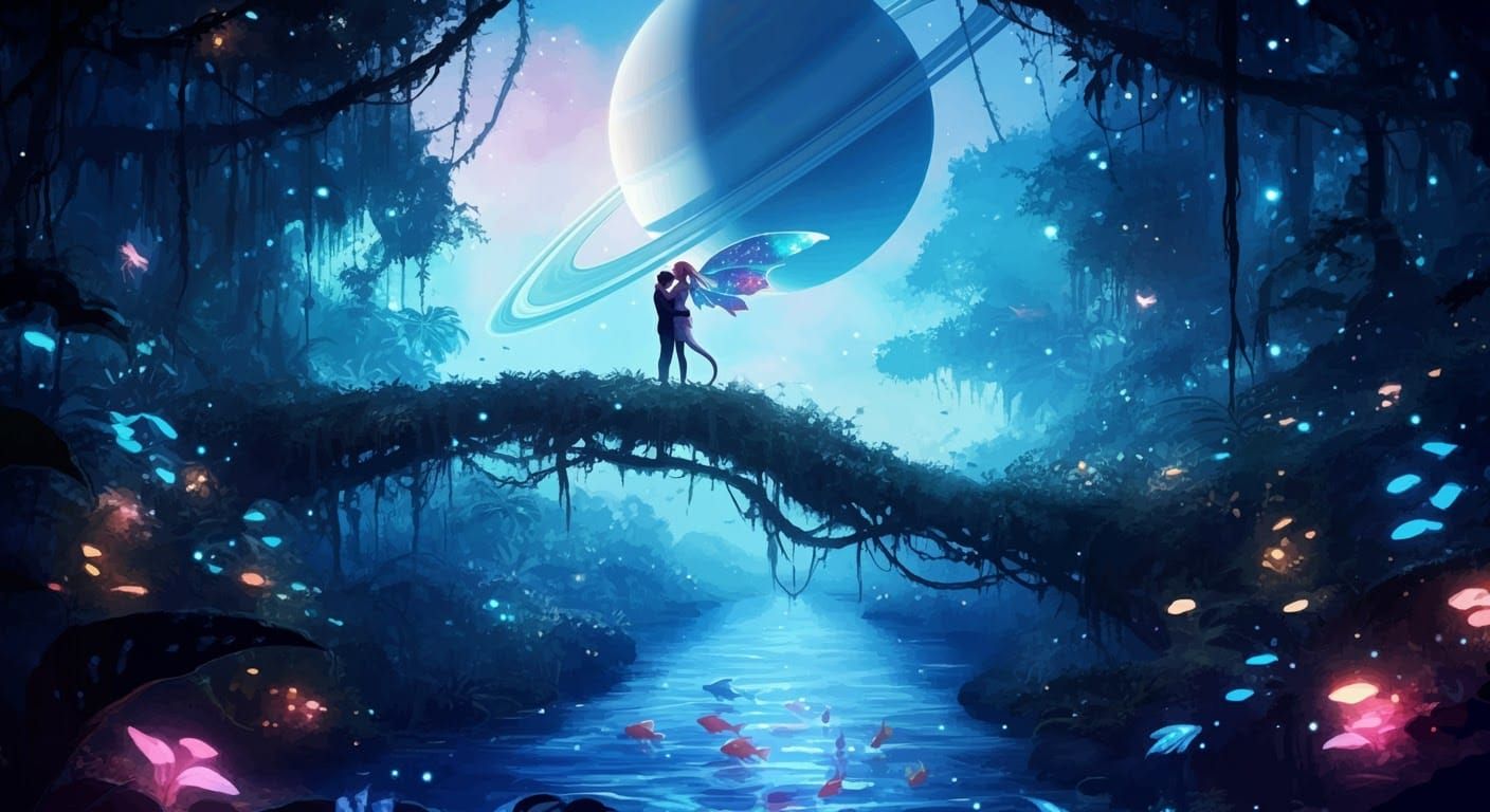 Bioluminescent Jungle Dragon Couple Under Saturn Light