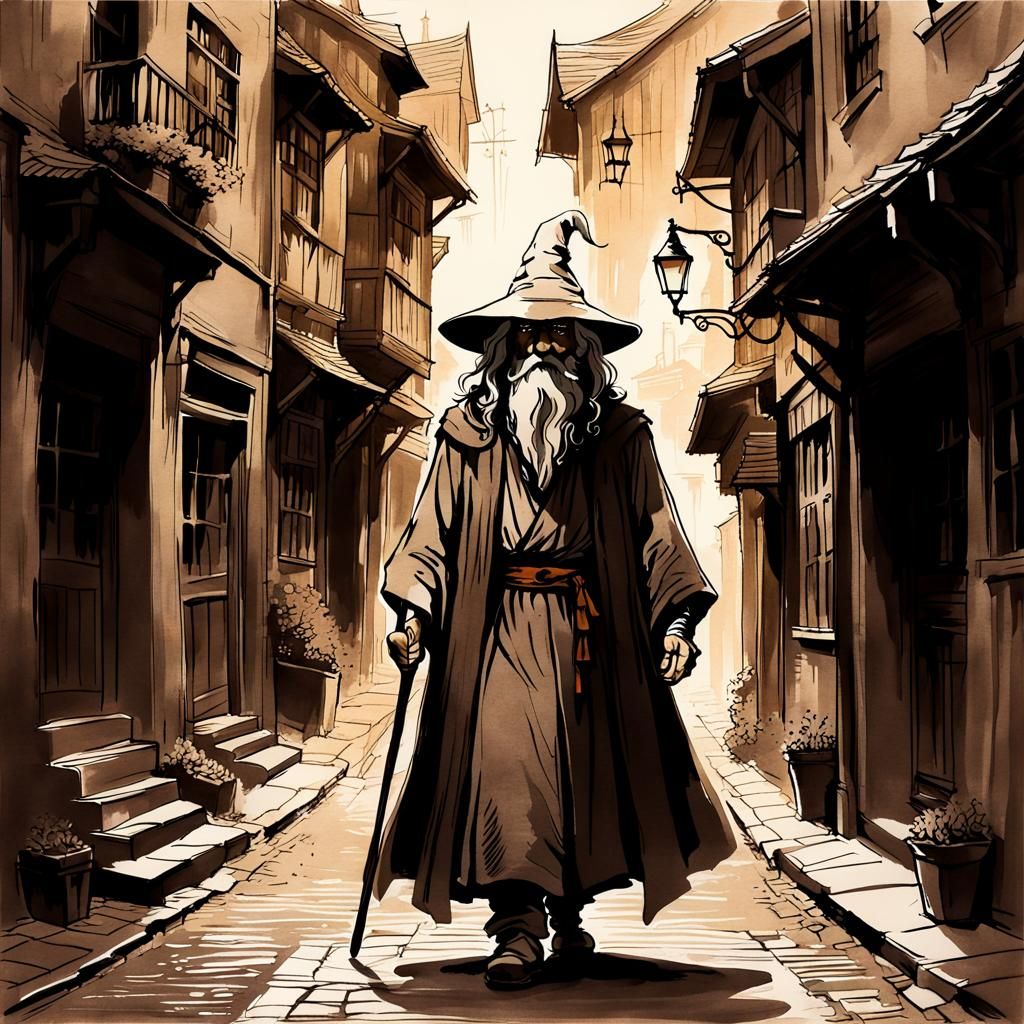 Gandalf Silhouette in Sepia Ink, Vintage Drawing