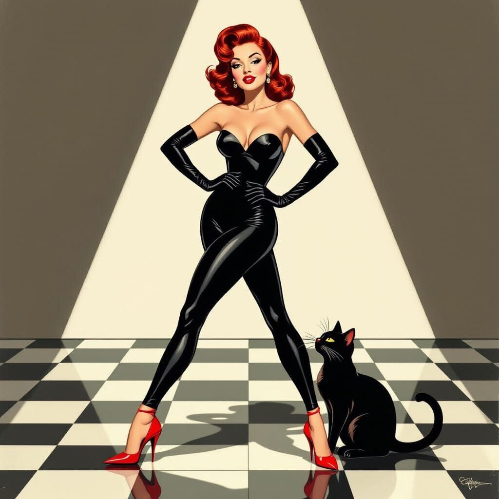 1950s Pinup Woman in Black Catsuit with Black Cat