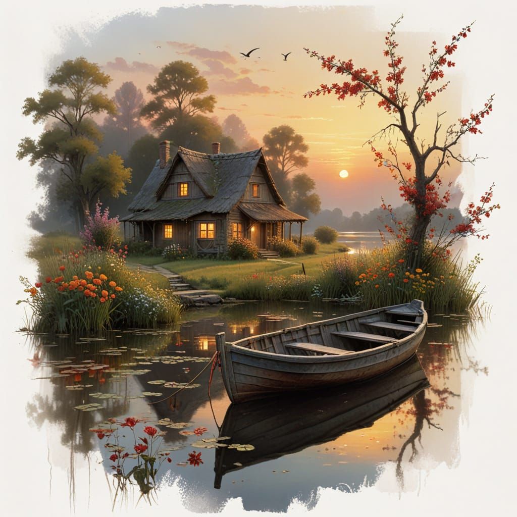 Peaceful Lakeside Scene in Twilight