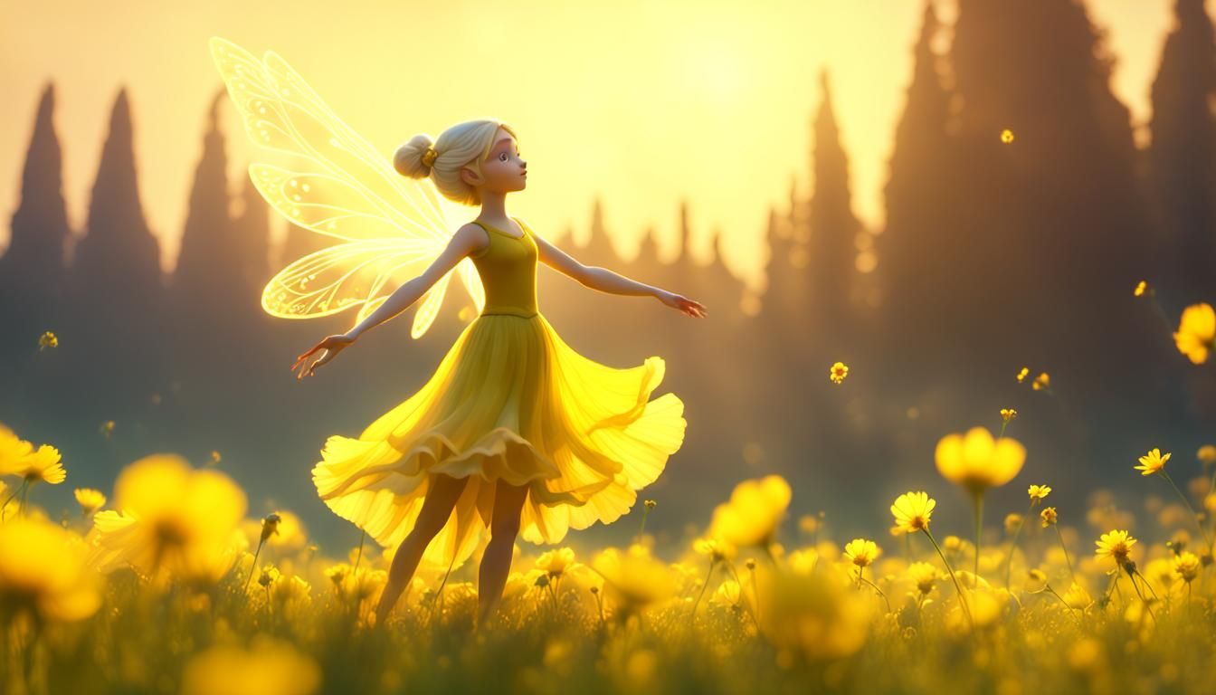 Ethereal Fairy Dancing in a Sunny Flower Meadow