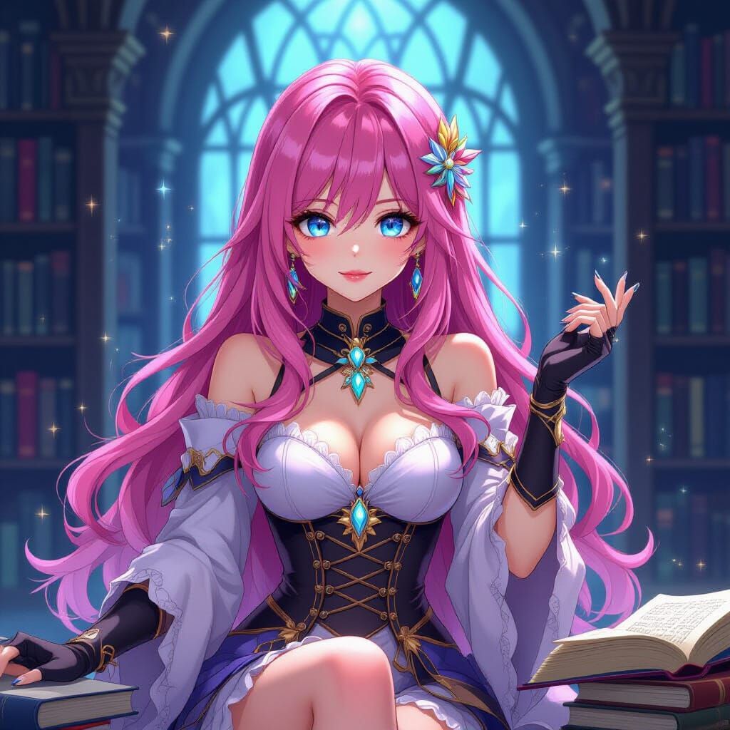 Anime Girl in Magical Library, Fantasy Digital Art