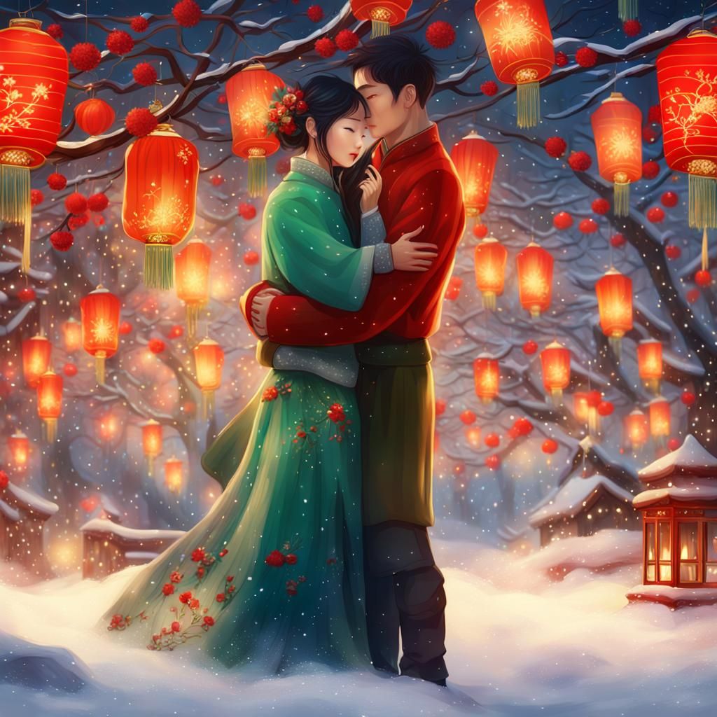Chinese Woman and Australian Man Under Mistletoe in a Fantas...