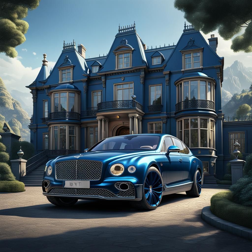 Blue Bentley at Mansion: Detailed Matte Painting