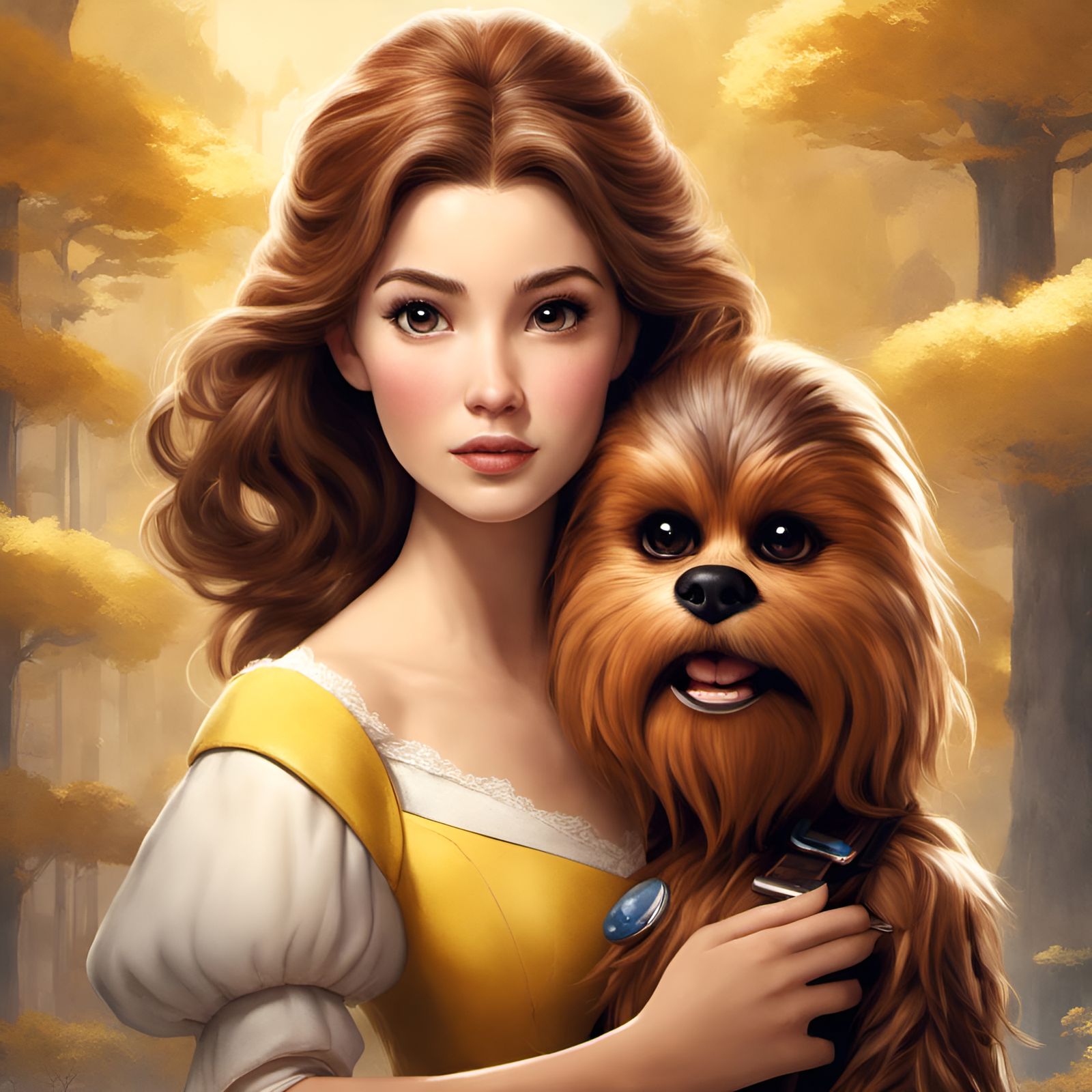 Belle and Chewbacca Portrait in Thread Art Style