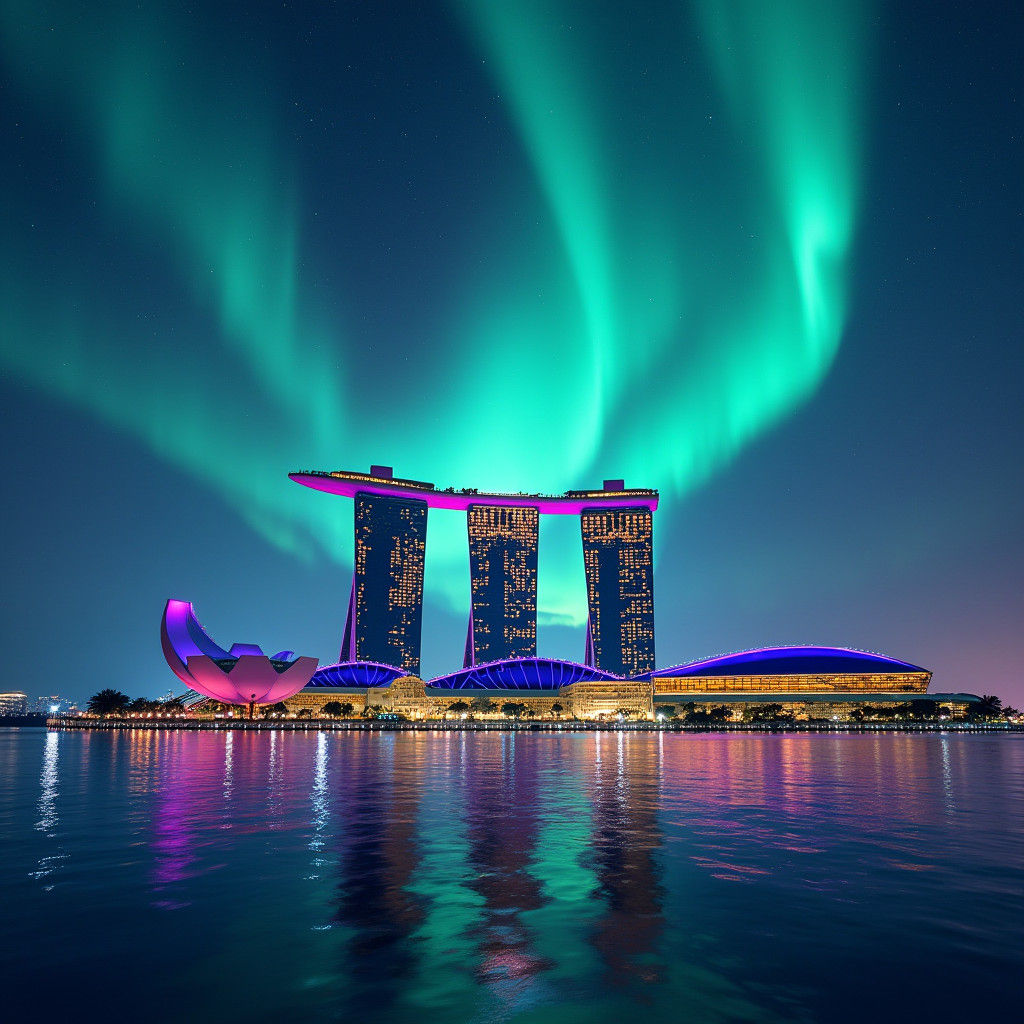 Singapore Skyline Meets Aurora Borealis: Digital Art