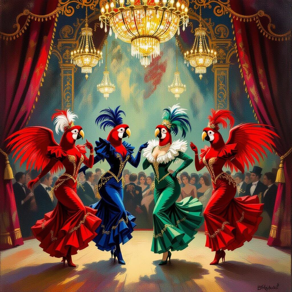 Parrots Dancing Can-Can at Moulin Rouge in Art Nouveau Style