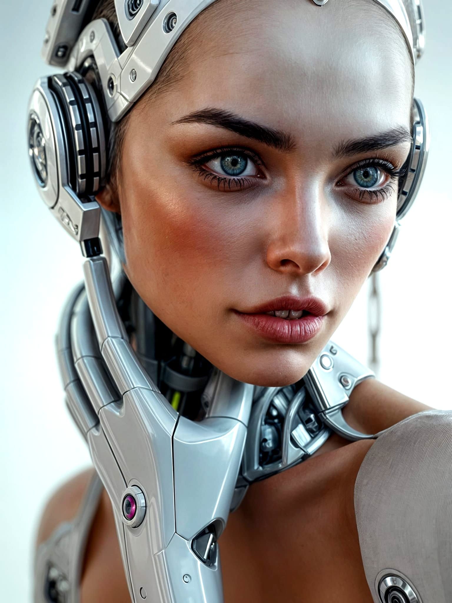 Stunning Cyberpunk Female Robot in Monochromatic Elegance
