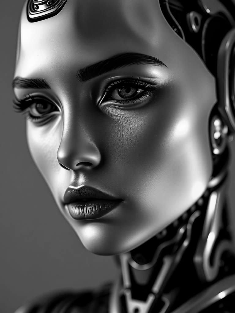 Hyperrealistic Robot Portrait in Black and White