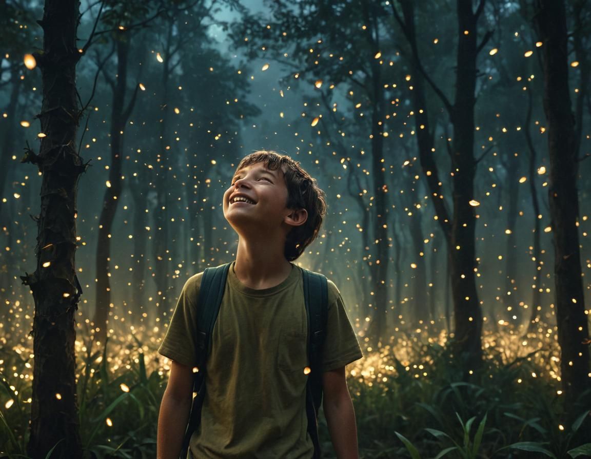 Boy Laughing at Fireflies: Ancient Surrealcore Digital Art