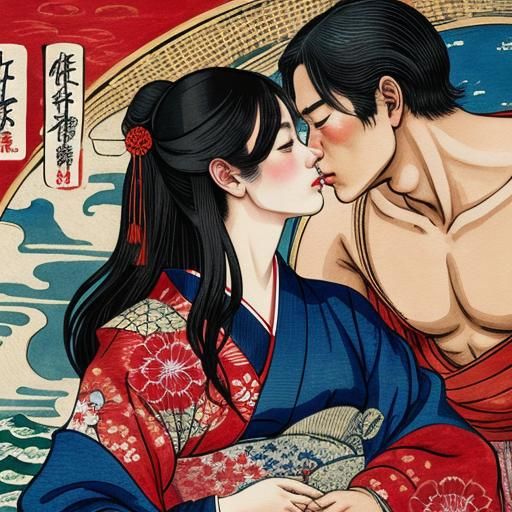The Kiss: Ukiyo-e Woodblock Print in Gouache Style