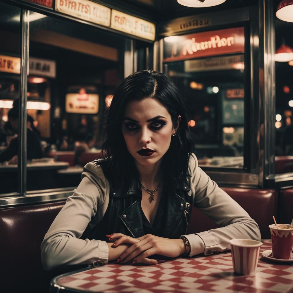 Vampiric Woman's Nostalgic Diner Moment: Cinematic Film Stil...