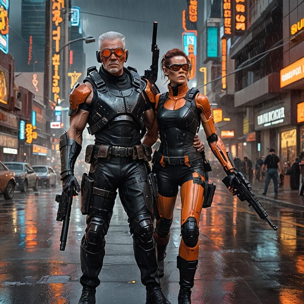 Sci-Fi Armored Man in Neon Las Vegas Raining