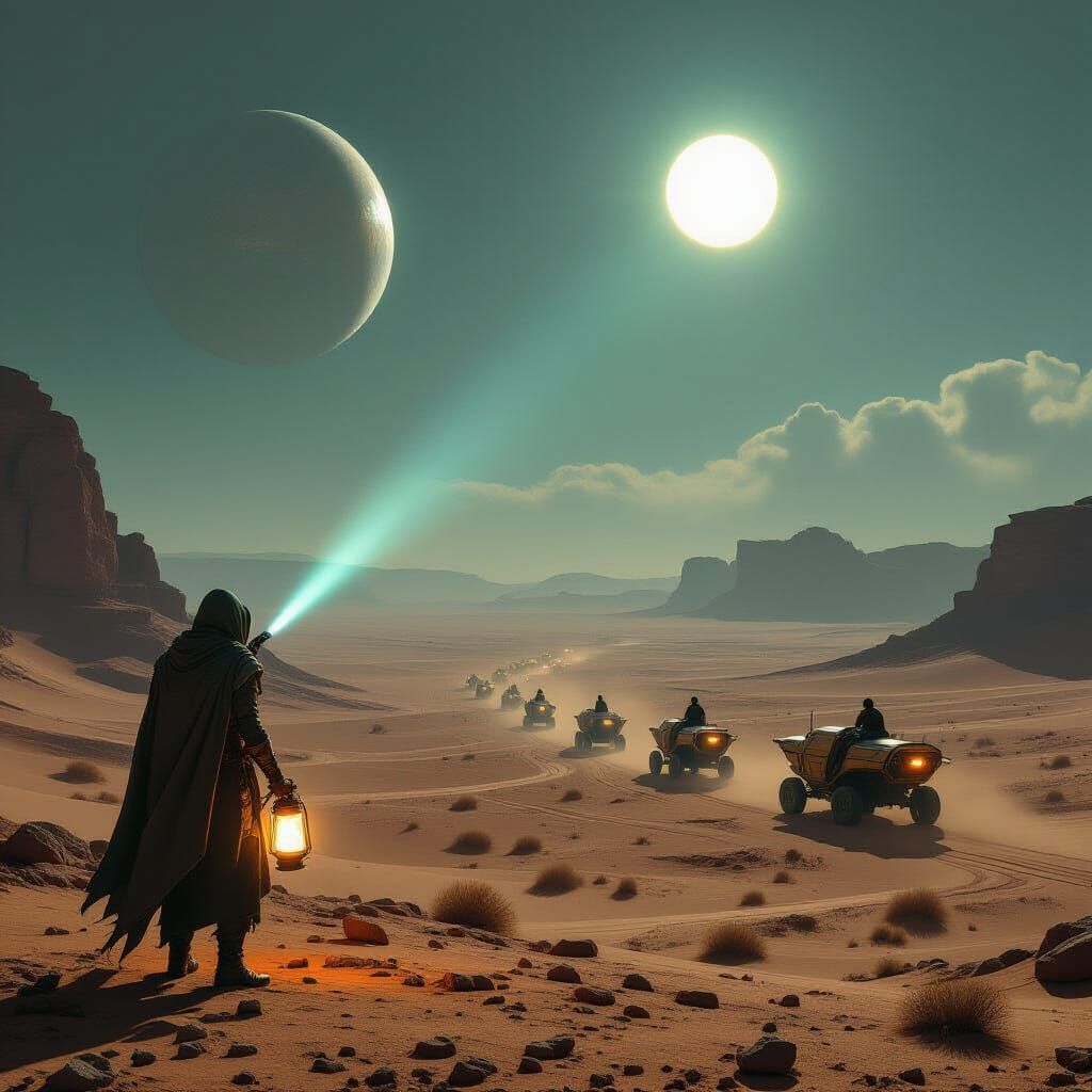 Explorer Gazing at Alien Desert in Cyberpunk Style