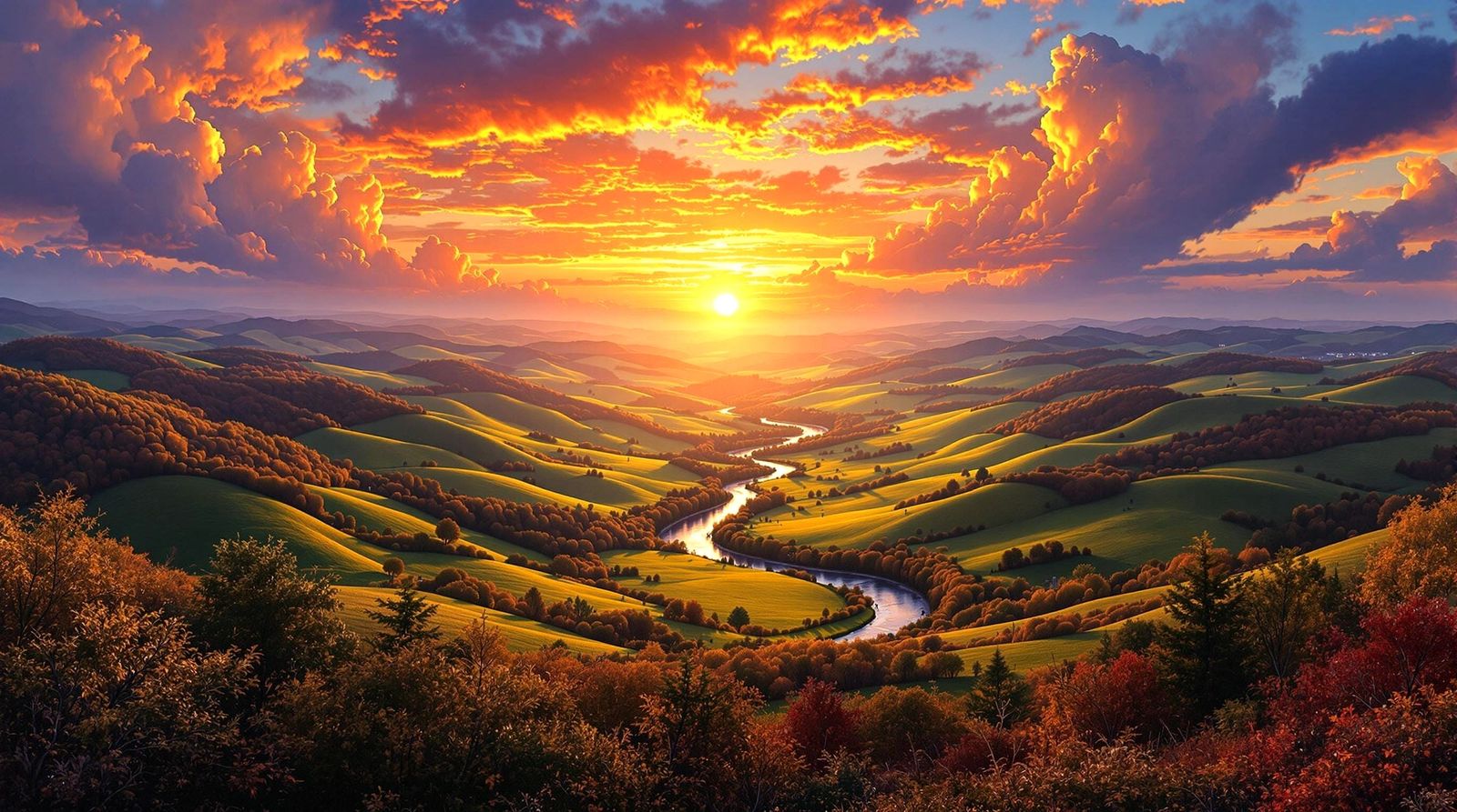 Panoramic Autumn Sunset Over Rolling Hills
